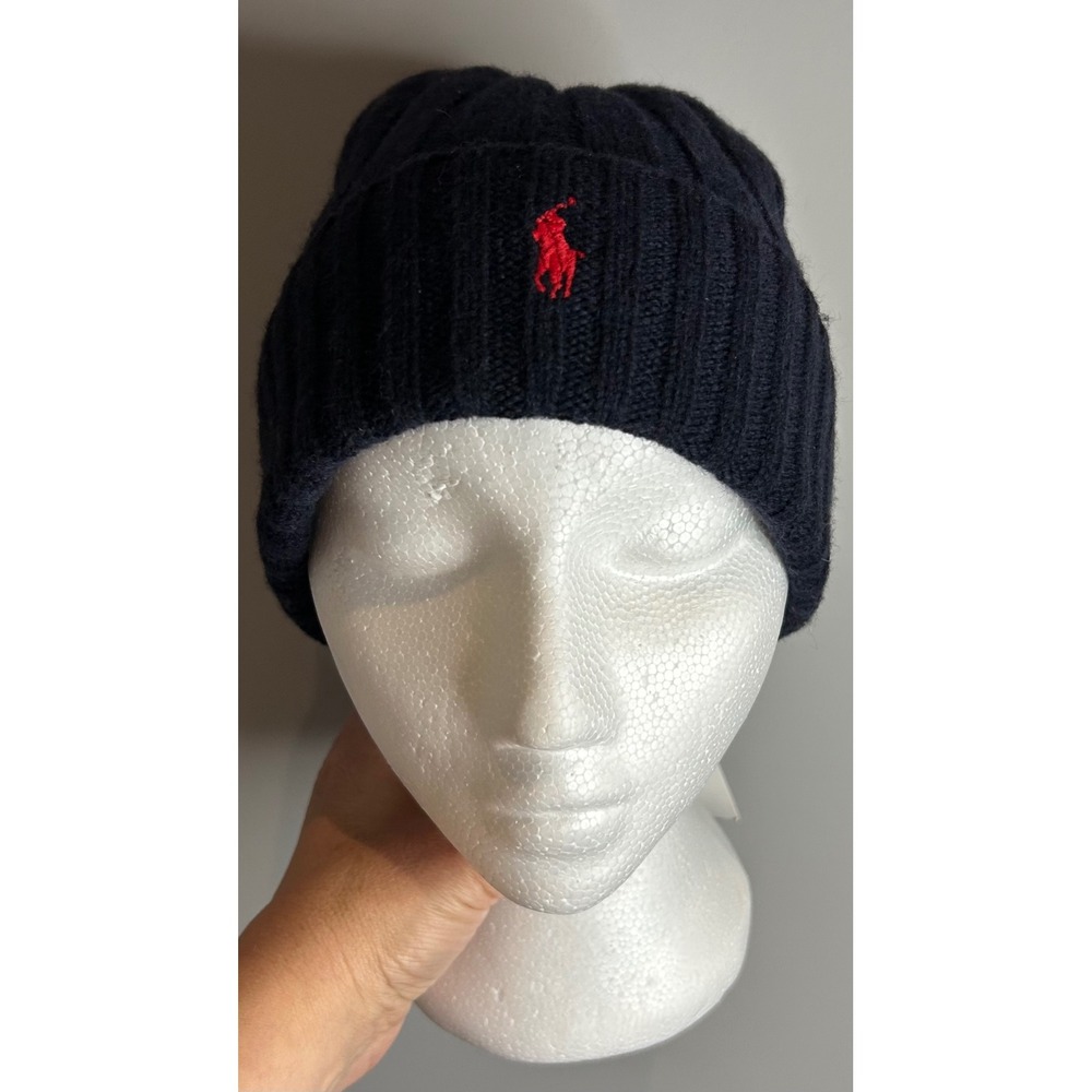 Polo Ralph Lauren Mens Navy Blue Ribbed Wool Blend Beanie Red Pony Logo NWT